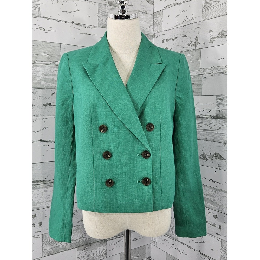 Talbots Cropped Linen Jacket Green Button Front Womens 8‎